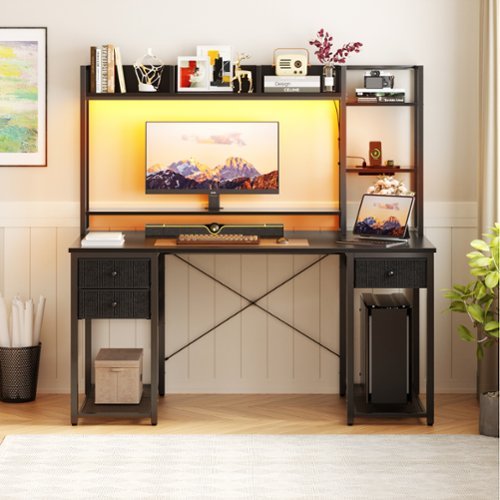 Aheaplus - Computer Desk with Hutch, Gaming Desk with Drawers, LED Lights, Outlets, and Monitor Stand - Black-Front_Standard 