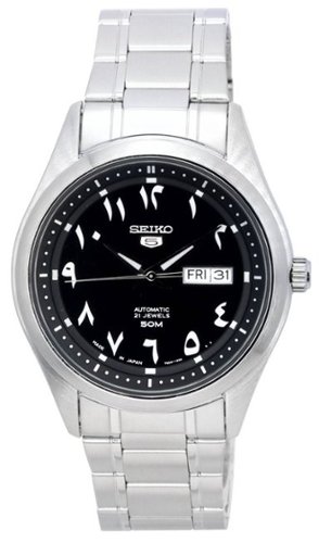 Seiko - 5 Automatic SNKP21J1 Mens Watch 21 Jewels Japan Made Stainless Steel Black Arabic Dial Day/Date Display 50M - Silver/Black-Front_Standard 
