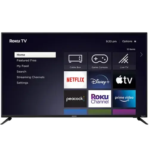 Roku TV  
9:20 pm  
Options *  
12 Items  

Home  
Featured Free  
My Feed  
Search  
Streaming Channels  
Settings  

Cable Box  
Game Console  
Live TV  

NETFLIX  
Disney+  
Apple TV  
peacock  
Roku Channel  
prime video
