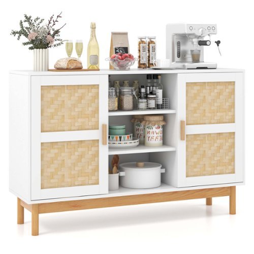 Costway 48" Sideboard Buffet Cabinet with 2 Bamboo Woven Doors 3 Open Shelves for Kitchen - White