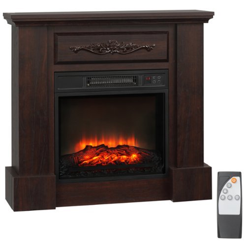 Ecooso - 32 inch Freestanding Electric Fireplace with Mantel, Heater with LED Log Flame and Remote - Brown-Front_Standard 