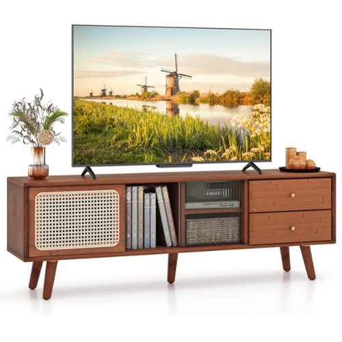Costway Bamboo TV Stand Console Table with PE Rattan Door & 2 Drawers for TV up to 65" - Brown