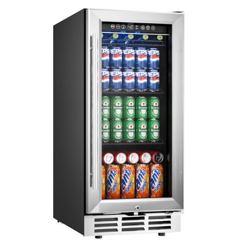 SIMZLIFE - 130 Can Beverage Cooler - 15 Inch Under Counter Built-in Fridge, Glass Door Design for Soda/Water/Wine, Perfect for Kitc - Silver-Front_Standard 