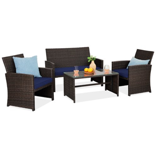 Best Choice Products - 4-Piece Outdoor Wicker Patio Conversation Furniture Set w/ Table, Cushions - Brown/Navy-Front_Standard 