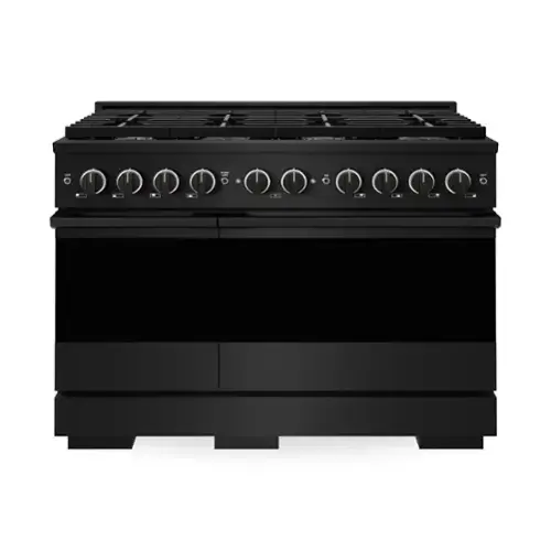Front. ZLINE - 48 in. 6.7 cu. ft. Marino Dual Fuel Freestanding Range with Gas Cooktop and 8 Brass Burners in Black Stainless Steel - Black Stainless Steel.