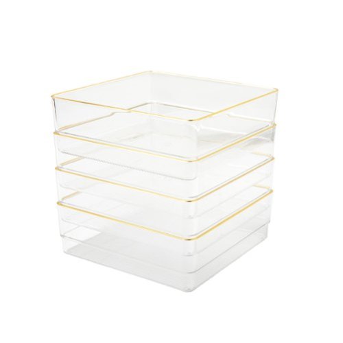 Martha Stewart - Kerry Set of 4 Plastic Stacking Desk Drawer Organizers with Gold Trim - 6 x 6 - Clear/Gold Trim-Front_Standard 