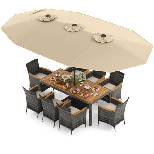 Costway - 10 Pieces Patio Wicker Dining Set with Double-Sided Patio Umbrella 8 Armchairs - Beige,,Mix Brown-Front_Standard 