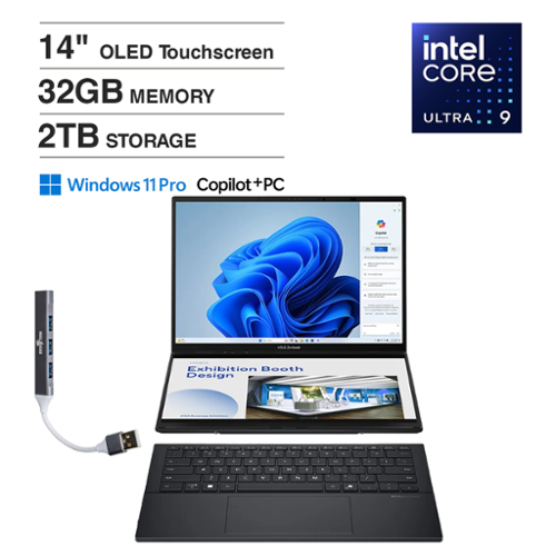 ASUS - Zenbook DUO 2-in-1 Laptop 14.0 WUXGA (Intel Ultra 9-285H, 32GB LPDDR5X, 2TB PCIe SSD, Win 11 Pro) w/USB Hub - Inkwell Gray-Front_Standard 