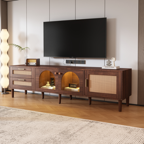 Bestier - Rattan TV Stand with 3 Cabinets & 2 Drawers, Media Console for TVs up to 80'', LED Light Entertainment Center - Brown-Front_Standard 