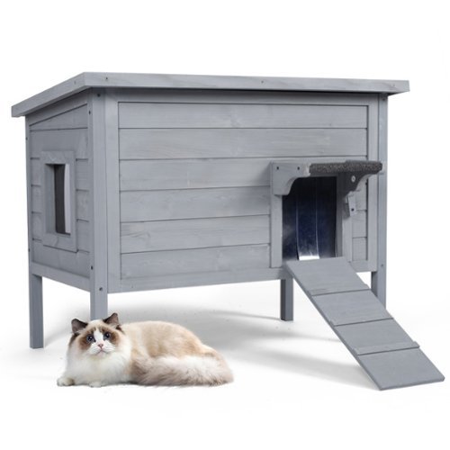 FODINGHILL - Insulated Outdoor Cat House for Multiple Pets, Weatherproof Wood Shelter with Foldable Ladder & Acrylic Window, Grey-Front_Standard 
