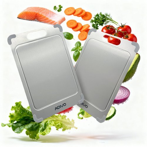 Adivo - Titanium Cutting Board, Double-Sided 100% Pure Titanium, Non-Porous Easy Clean with Juice Groove & Non-Slip Corners-Front_Standard 