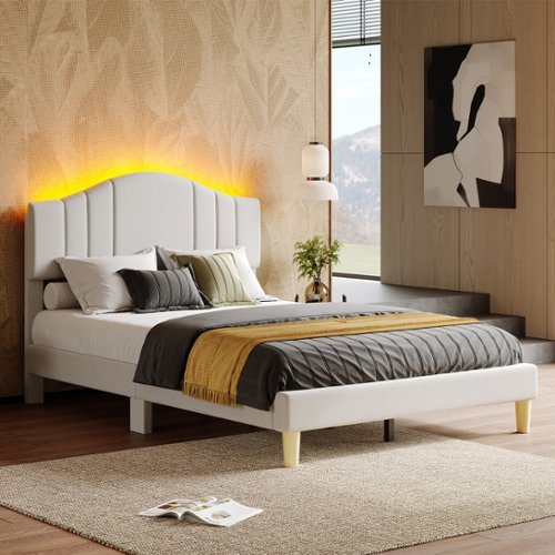 Pinmoco - Upholstered Platform Bed Frame with Adjustable LED Arc Headboard - Fabric Beige-Front_Standard 