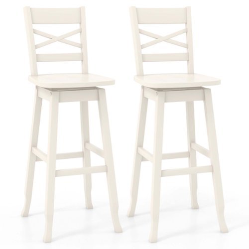 Costway - 2 PCS 30" Bar Height Stool Rubber Wood Swivel Bar Stool with Inclined Backrest Cream - White