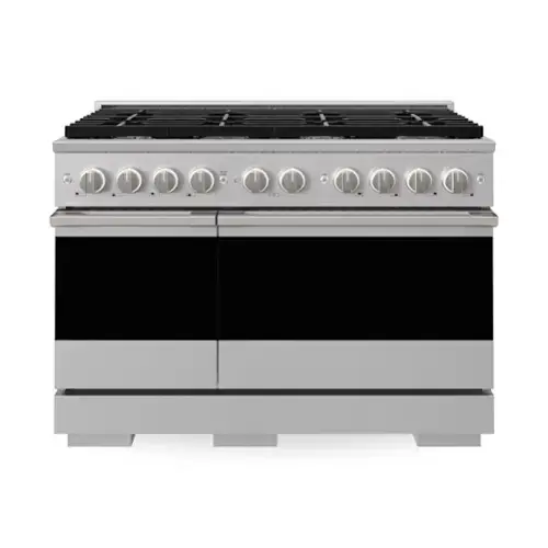 Front. ZLINE - 48 in. 6.7 cu. ft. Marino Freestanding Double Oven Gas Range with 8 Burner Cooktop and Convection Gas Oven - Stainless Steel.