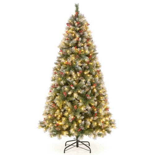 Costway - 7.5 FT Artificial Christmas Tree Hinged with 560 Warm LED Lights & 267 Red Berries - Green/White