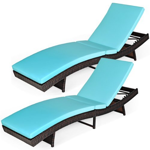 Costway - 2PCS Patio Rattan Folding Lounge Chair Adjustable Cushion - Turquoise