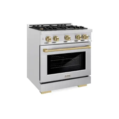 Front. ZLINE - ZLINE Autograph 30 in. 4.2 cu. ft. Freestanding Select Satin Steel Gas Range w/ 4 Burners & Bronze Accents - Satin Stainless Steel.