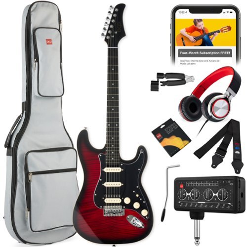 Best Choice Products - Beginner HSS Electric Guitar Kit w/ Headphone Amp, Gig-Bag, Headphones - Red Flametop/Black-Front_Standard 