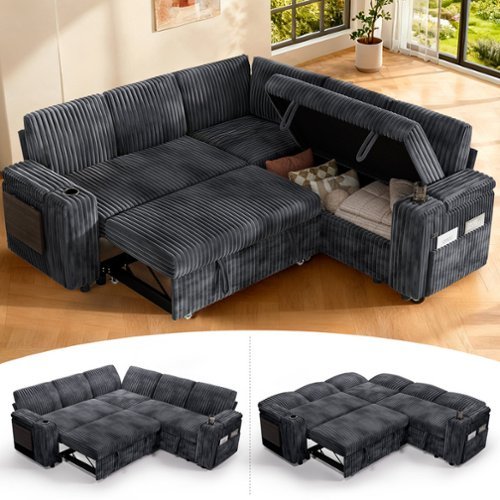 Dyonery - 85 "Modular sofa, with pull-out bed, 5-seat sofa, adjustable backrest, with storage, tool-free assembly - Gray-Front_Standard 