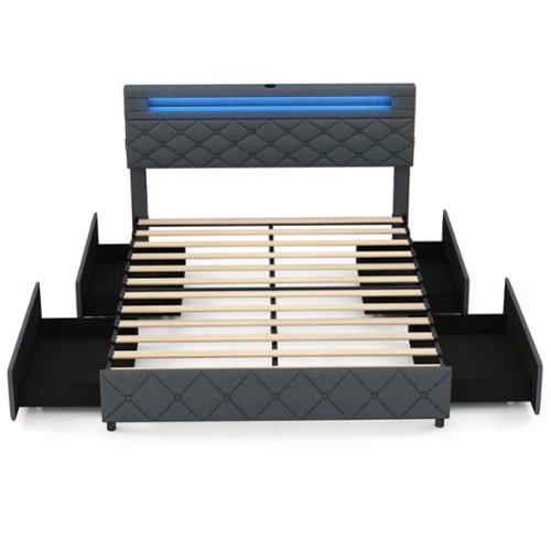 Costway - Queen Size Bed Frame with Led Lights & Charging Station & Modern Upholstered Bed - Gray-Front_Standard 