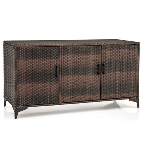 Costway - 84-Gallon Outdoor Storage Box - Wicker Rattan 3-Door Patio Storage Cabinet Container - Brown-Front_Standard 