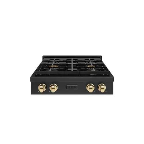 Front. ZLINE - ZLINE Autograph 30 in. Black Steel Paramount Gas Cooktop with 4 DuoPro Burners and Gold Accents (PSRTBZ-30-G) - Black Stainless Steel.