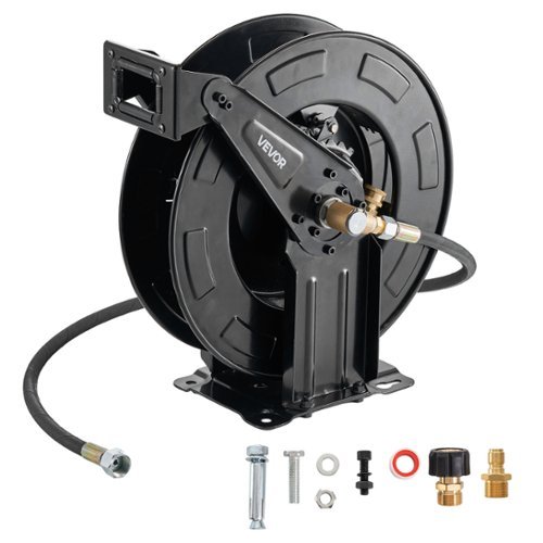 VEVOR - Pressure Washer Hose Reel, 50 ft x 3/8 inch Retractable Power Heavy-Duty Steel Washer Hose Reel, 4000PSI Max - Black-Front_Standard 