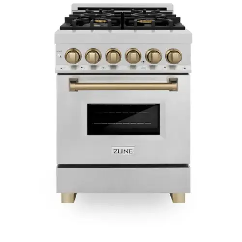 Front. ZLINE - ZLINE Autograph 24 in. Legacy Dual Fuel Range in Satin Steel & Bronze Accens (RASZ-SN-24-CB) - Satin Stainless Steel.