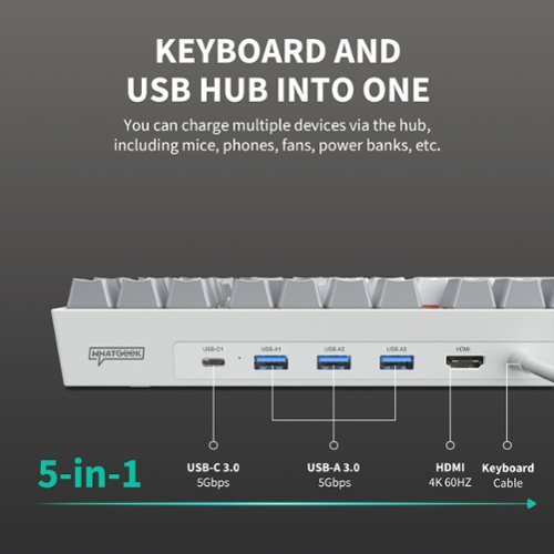 3inus KEBOHUB EE01 Wired Mechanical Keyboard with 5-in-1 Hub, 87 Keys RGB Backlit, Hot-Swappable Switches for Mac & Windows - Gray BUY IN AUSTRALIA