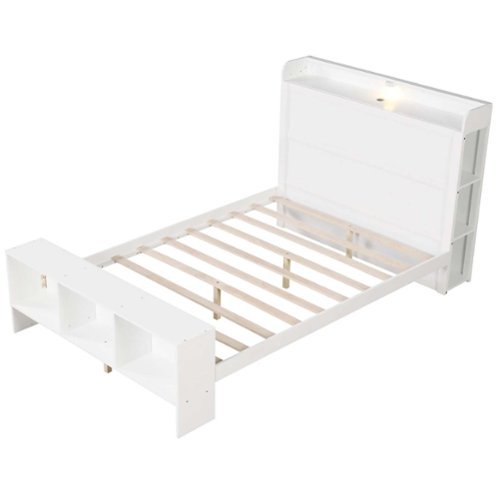 Costway Full Size Bed Frame with Storage Headboard & Footboard LED Bed Frame with 2 USB Ports - White