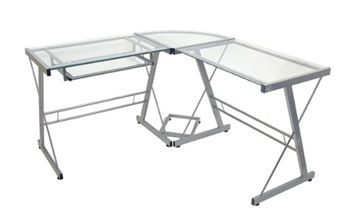  Walker Edison - 52&quot; L-Shaped Modern Glass Corner Computer Desk - Silver