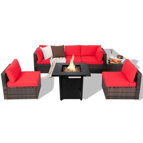 Costway - 7 PCS Patio Furniture Set with 28" 50000 BTU Propane Gas Fire Pit Table Cushions - Red-Front_Standard 