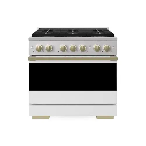 Front. ZLINE - Autograph 36 in. 5.2 cu. ft. Marino Dual Fuel Freestanding Range with 6 Gas Burner Cooktop with White & Bronze Accents - White Matte.