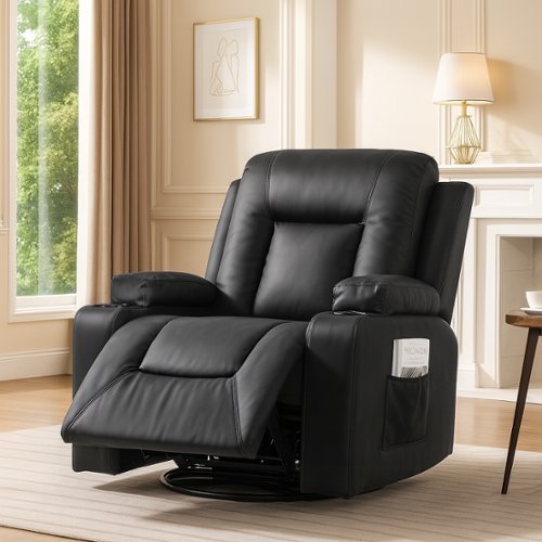 CloudRest Pro - Recliner Chair with Cup Holders PU Rocking Chair with Side Pockets Single Sofa Seat - Black-Front_Standard 