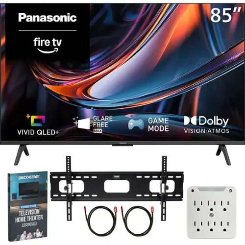 Panasonic  
85"  
fire tv  
+ VIVID QLED+  
GLARE FREE MAX  
+ GAME MODE  
Dolby VISION-ATMOS  
Panasonic  
DECOGEAR  
BEGINNER'S GUIDE TO TELEVISION HOME THEATER ESSENTIALS