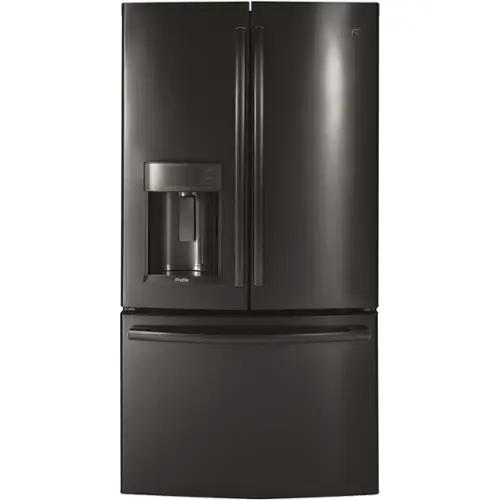 Front. GE Profile - 27.7 Cu. Ft. French Door Refrigerator with Hands-Free AutoFill - Fingerprint resistant black stainless.