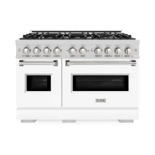 Front. ZLINE - ZLINE 48" Classic Double Oven Dual Fuel Range with 8 Burner Cooktop (CDR-WM-48) - Satin Steel/Blue Gloss.