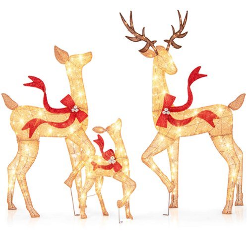 Costway - 3 PCS Large Lighted Christmas Reindeer Family with 440 LED Lights & Bows Buck - Yellow-Front_Standard 