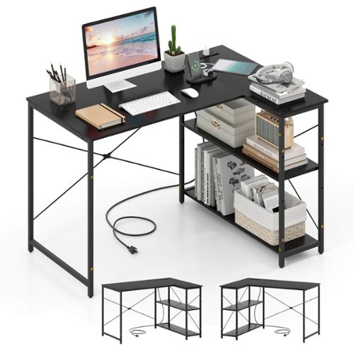 Costway - L-Shaped Computer Desk with Power Outlets Adjustable shelf Heavy-Duty Metal Frame - Black-Front_Standard 