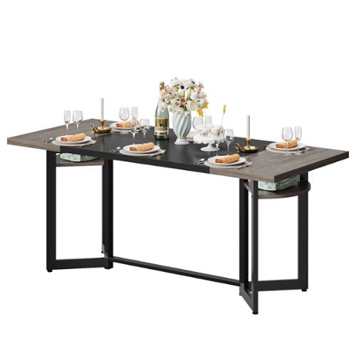 Bestier 70" Dining Table for 6-8 Wooden Kitchen Table or Computer Desk with Shelves and Metal Legs - Gray