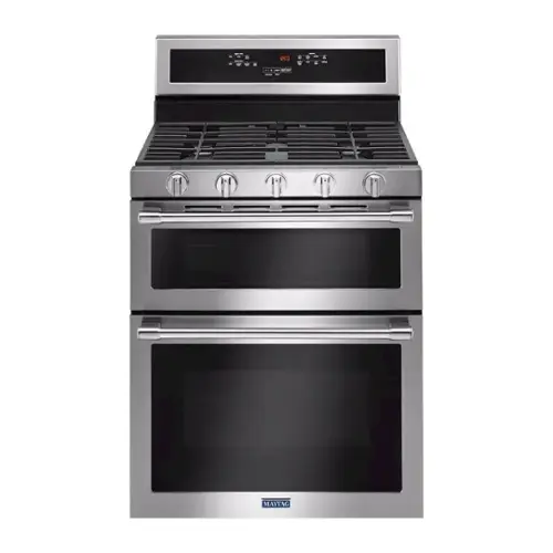 Front. Maytag - 6.0 Cu. Ft. Self-Cleaning Freestanding Fingerprint Resistant Double Oven Gas Convection Range - Stainless steel.