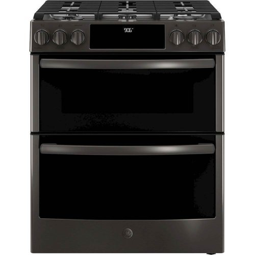 GE - 6.7 Cu. Ft. Slide-In Double Oven Gas Convection Range - Black stainless steel