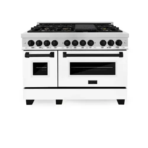 Front. ZLINE - Autograph 48" Legacy Dual Fuel Range w/ 7 Burners & White & Black Accents (RAZ-WM-48-MB) - Stainless steel.