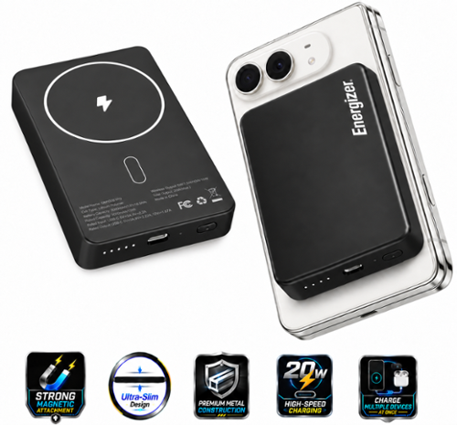 Energizer - 10,000mAh SLIM METAL 20W Magnetic Wireless Qi/Qi2.0/MagSafe PowerBank, Portable Charger, 2 Outputs, LED Display, & USB-C - Black