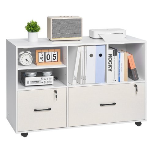 VEVOR - 2 Drawer Wooden File Cabinet, Mobile Filing Cabinet with Open Shelves, Lockable Lateral Rolling File Storage - White-Front_Standard 