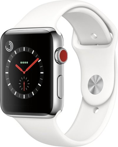 Geek Squad Certified Refurbished Apple Watch Series 3 (GPS + Cellular) 42mm Stainless Steel Case with White Sport Band - Stainless Steel - (2017)-Angle_Standard 