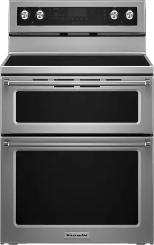 Front. KitchenAid - 6.7 Cu. Ft. Self-Cleaning Freestanding Double Oven Electric Convection Range - Stainless Steel.