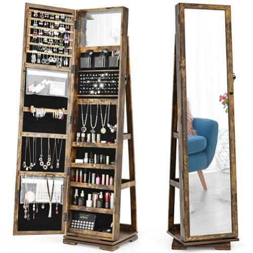 Costway 360Degree Rotatable Jewelry Cabinet Armoire 2-in-1 Lockable Mirrored - Coffee