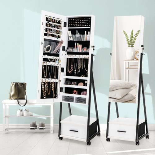 Costway Jewelry Cabinet Armoire Full Length Mirror Lockable w/ Bottom Drawer & Wheels - White