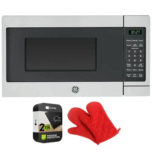 10:27  
Pepcorn Beverage Potato Reheat Auto Time Defrost  
1 Express Cook 2 3 4 5 6 7 8 9  
Power Level 0 Add 30 Sec Timer Clock Sound Cancel Start OR Pause  
Tame Cook  
gE CPS V 2 YR PREMIUM PROTECTION